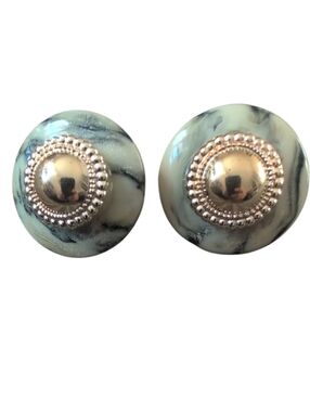 Vintage Marbled Lucite Button Earrings Gold Tone Dome Studs Gray Black Statement